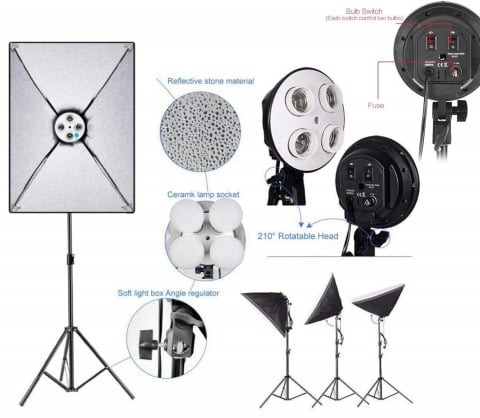 Kit de 3 softboxuri cu macara, soclu de 4 becuri, 3 trepiezi reglabili 200 cm, fara becuri [2]