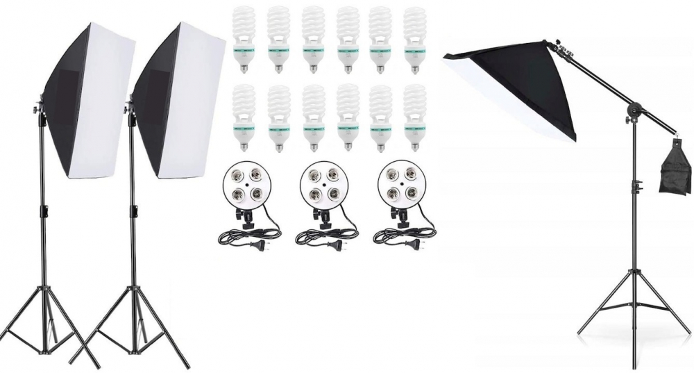 Kit de 3 softboxuri cu macara, soclu de 4 becuri, 3 trepiezi reglabili 200 cm, 12 becuri de 150W