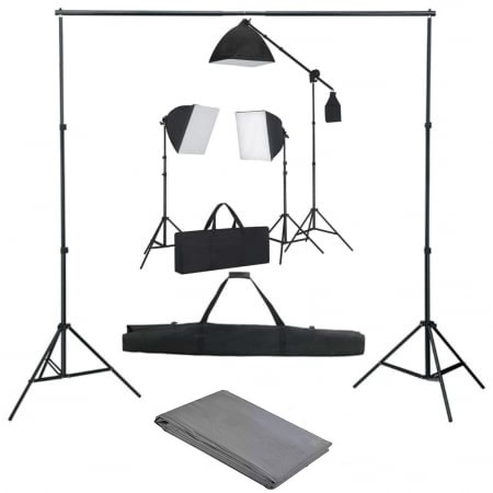 Kit foto studio,3 lumini softbox,suport fundal 2x3m,3x bec 150W, panza fundal gri 2x3m, macara + geanta transport