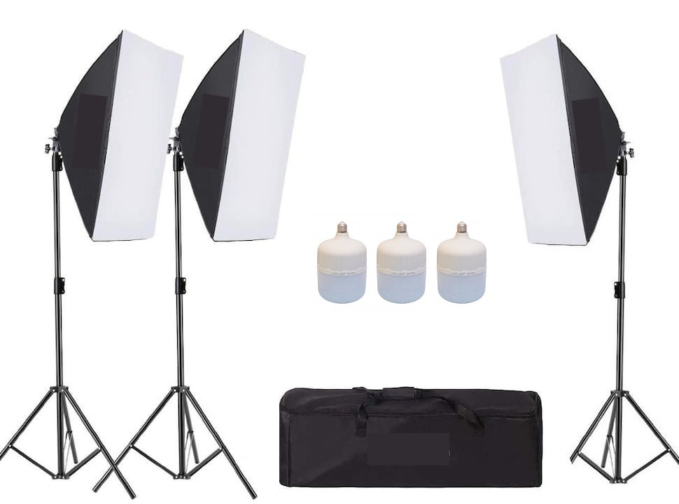 Kit de 3 softboxuri, 3 trepiezi reglabili 200 cm, 3 becuri LED 50W, geanta de transport inclusa