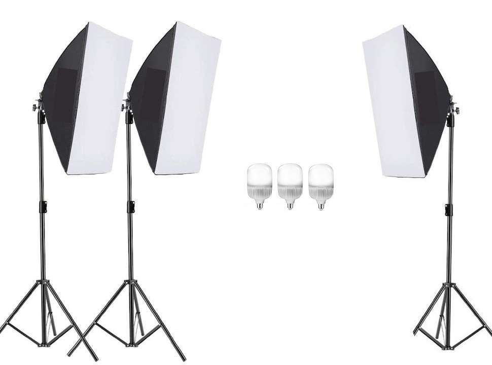 Kit de 3 softboxuri, 3 trepiezi reglabili 200 cm, 3 becuri LED 25W