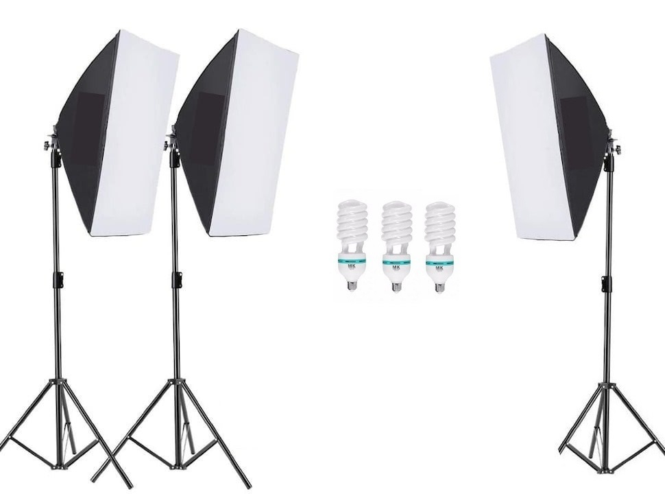 Kit de 3 softboxuri, 3 trepiezi reglabili 200 cm, 3 becuri 150W