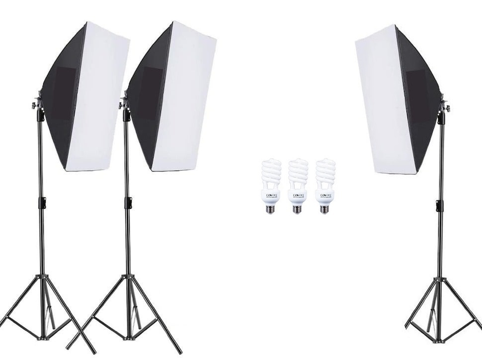 Kit de 3 softboxuri, 3 trepiezi reglabili 200 cm, 3 becuri 45W