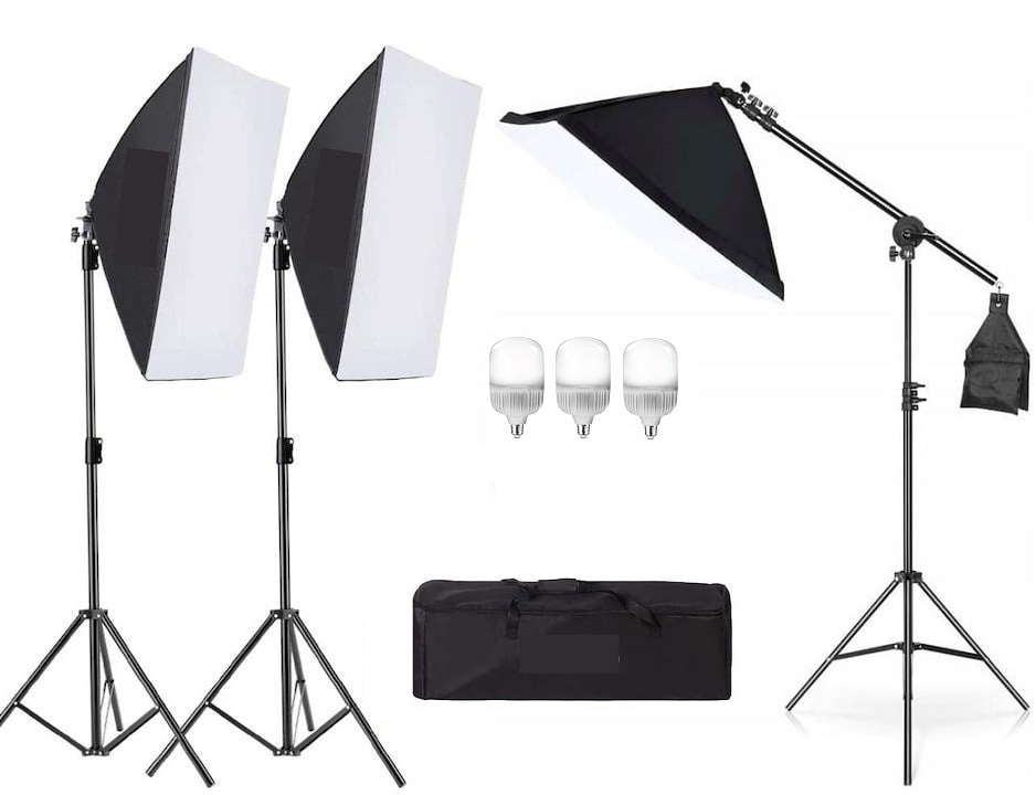 Kit de 3 softboxuri cu macara ajustabila, 3 trepiezi reglabili 200 cm, 3 becuri LED 25W, geanta de transport inclusa