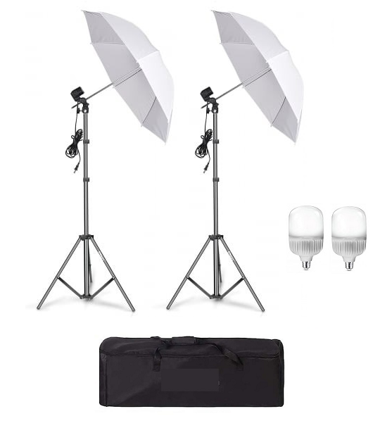 Kit de 2 umbrele albe, 2 trepiezi reglabili 200 cm, 2 becuri LED 25W, geanta de transport inclusa