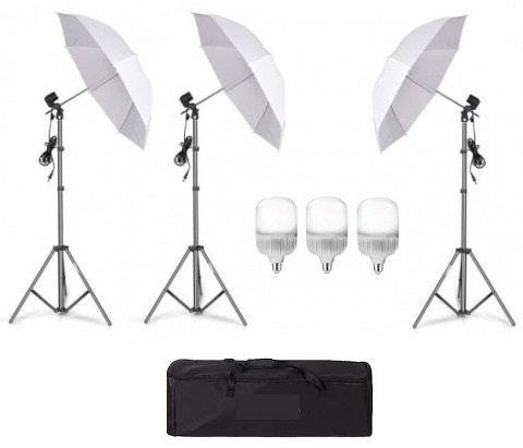 Kit de 3 umbrele albe, 3 trepiezi reglabili 200 cm, 3 becuri LED 25W, geanta de transport inclusa