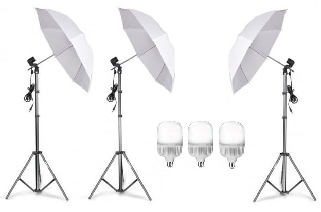 Kit de 3 umbrele albe, 3 trepiezi reglabili 200 cm, 3 becuri LED 25W