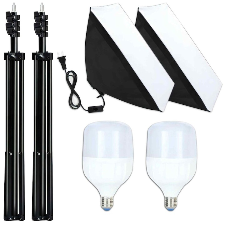 Kit iluminare foto-video cu 2 softbox-uri profesionale, lumina naturala 5500K, becuri 30W, stative 95-200 cm, negru [11]