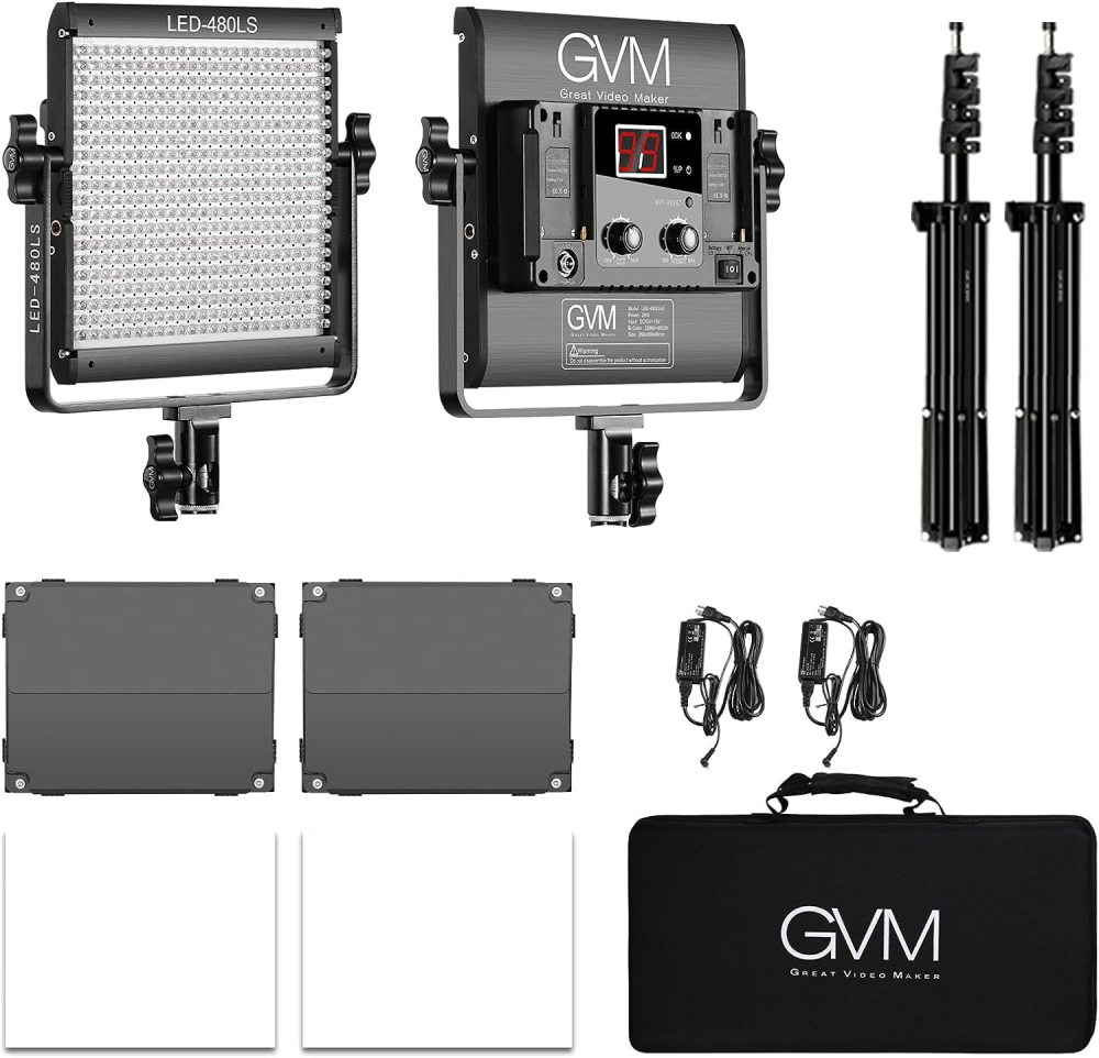 Kit iluminare foto-video GVM cu 2 panouri LED 480, CRI97+, TLCI97, 2300K-6800K, luminozitate reglabila, stative si geanta transport [2]