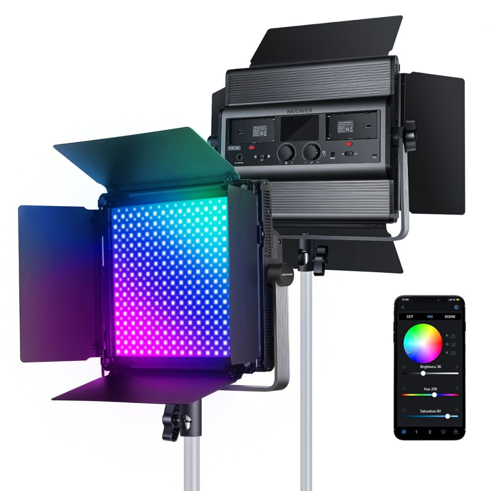 Kit iluminare profesionala RGB 2 x 60W, 2500K-8500K, cu 4 baterii NP-F970 6600mAh, 2 incarcatoare rapide, mini trepied si control prin aplicatie [12]