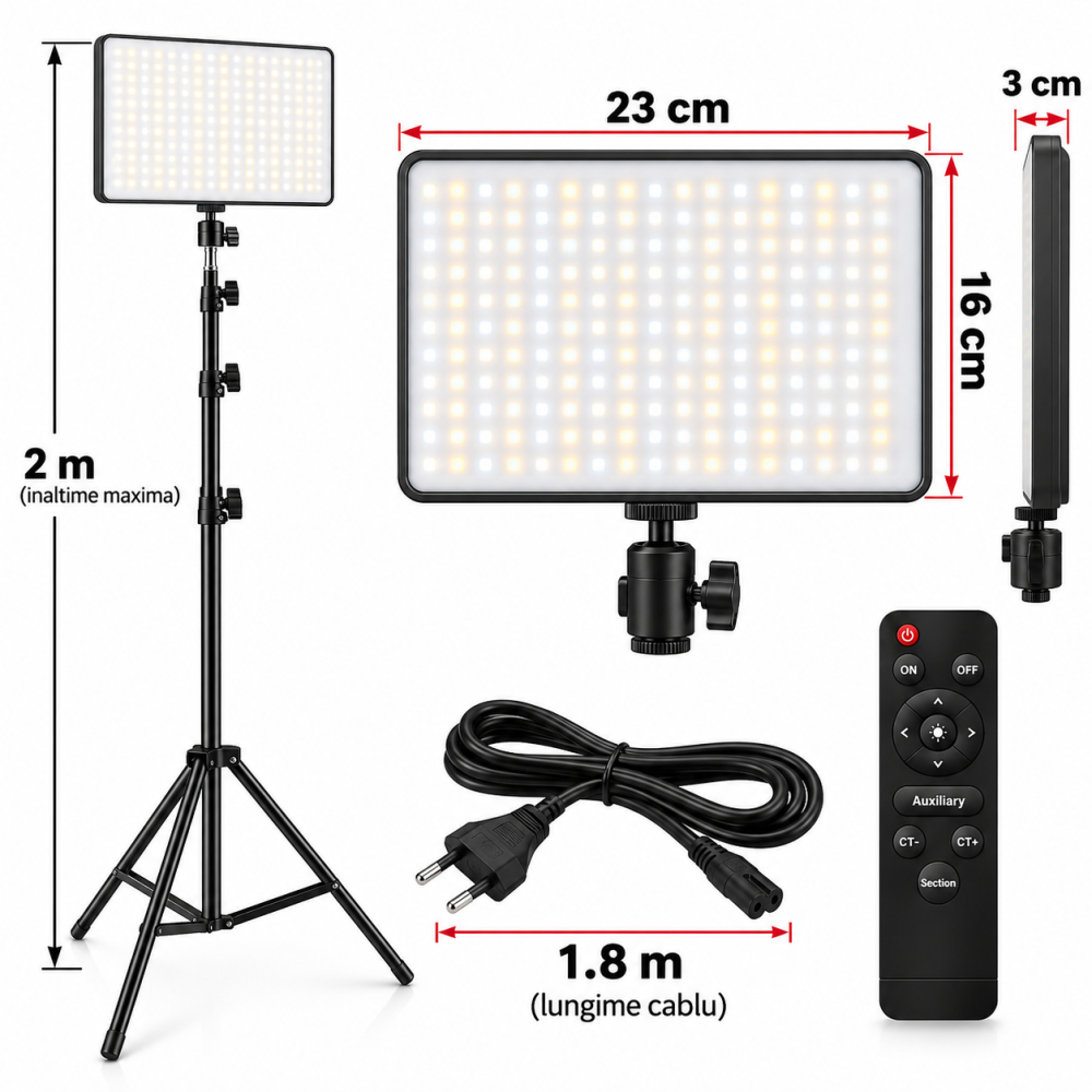 Kit lampa LED video neagra 23 x 16 x 3 cm cu trepied 2 m, telecomanda, lumina reglabila 2500K-8500K [2]