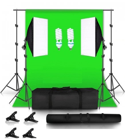 Kit studio foto,2 lumini softbox,suport fundal 2x3m,2 becuri 135W, panza fundal verde 2x3m