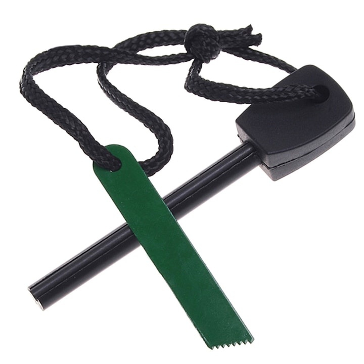 Kit pentru aprinderea focului, cu silex si miez dublu de magneziu, rezistent la apa, scantei pana la 3000°C, 10 cm, negru [9]