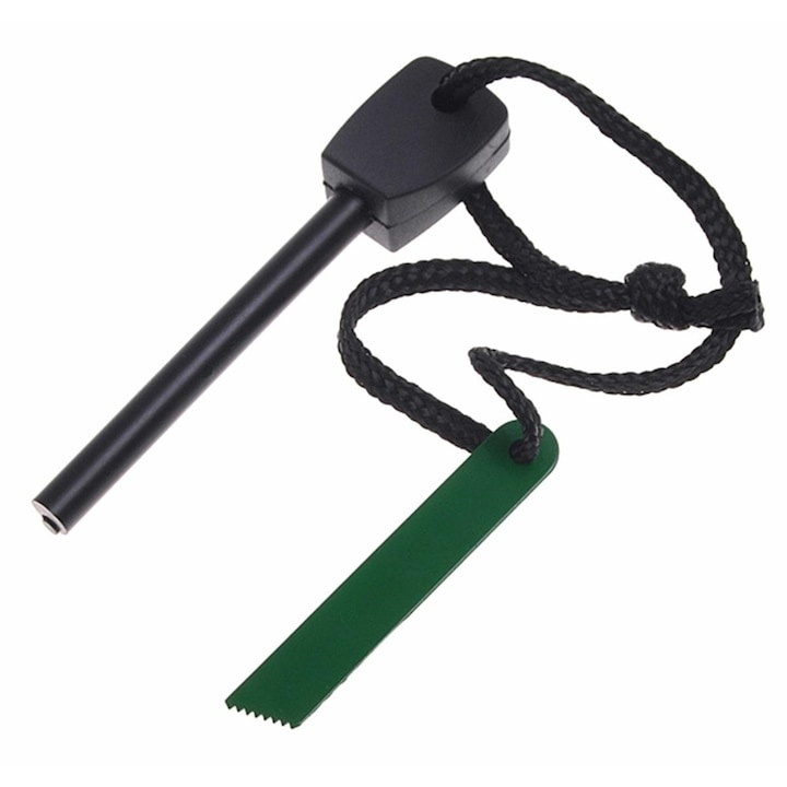 Kit pentru aprinderea focului, cu silex si miez dublu de magneziu, rezistent la apa, scantei pana la 3000°C, 10 cm, negru [10]