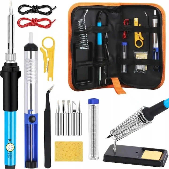 Kit pentru lipit, 15 piese, pistol de lipit 60W temperatura ajustabila 200–450°C, ceramic, 5 capete, pompa dezlipire, suport, husa depozitare, portocaliunegru – pentru bricolaj si uz profesional [1]
