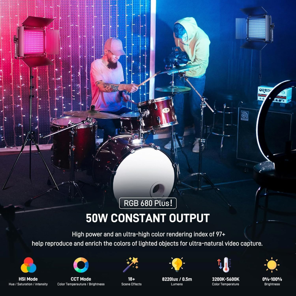 Kit profesional cu 2 lumini video LED RGB GVM 680RS, 50W fiecare, control prin aplicatie, CRI97+, 3200K-5600K, stative reglabile, geanta transport [6]