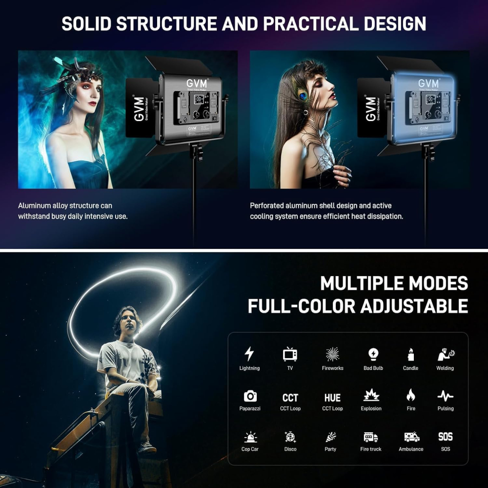 Kit profesional cu 2 lumini video LED RGB GVM 680RS, 50W fiecare, control prin aplicatie, CRI97+, 3200K-5600K, stative reglabile, geanta transport [4]