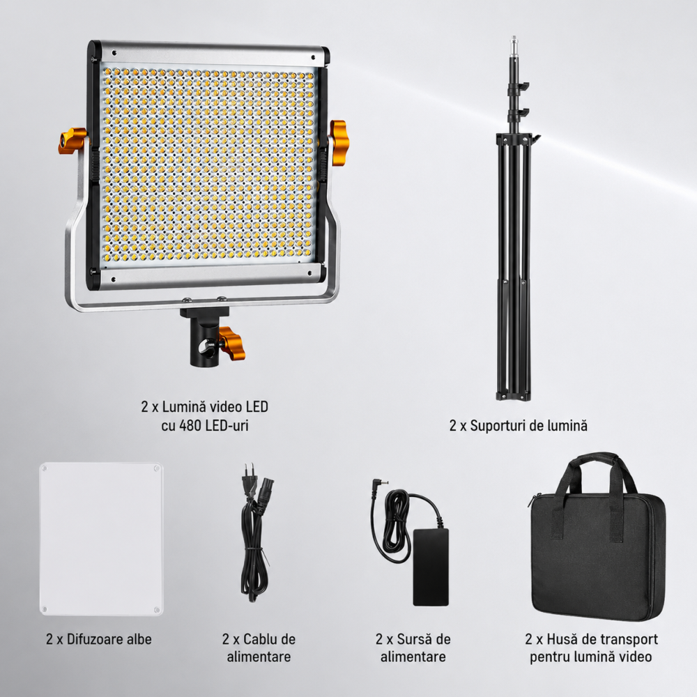Kit profesional iluminare studio cu 2 panouri LED video, suporturi reglabile, difuzoare si genti transport, lumina bicolora 3200K-5600K, CRI 96+ [2]