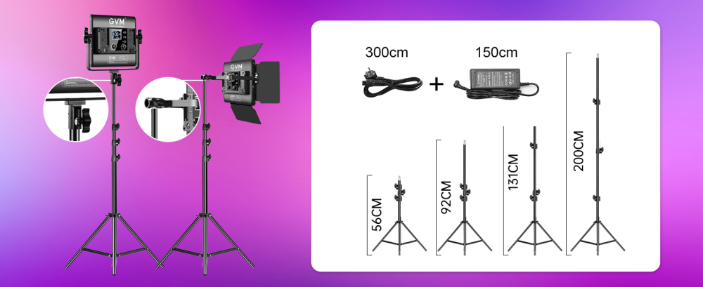 Kit profesional iluminare studio cu 2 panouri video RGB GVM 800D, 3200K-5600K, CRI 97+, control prin aplicatie, stative, difuzoare si geanta transport [5]