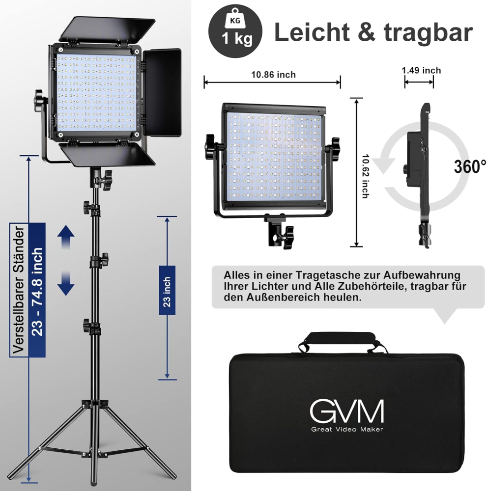 Kit profesional iluminare studio cu 2 panouri video RGB GVM 800D, 3200K-5600K, CRI 97+, control prin aplicatie, stative, difuzoare si geanta transport [2]
