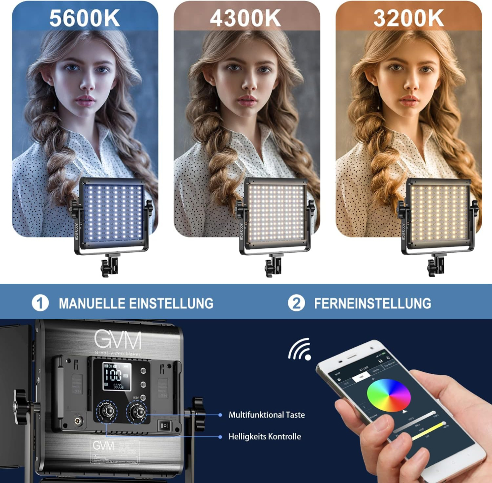 Kit profesional iluminare studio cu 2 panouri video RGB GVM 800D, 3200K-5600K, CRI 97+, control prin aplicatie, stative, difuzoare si geanta transport [6]
