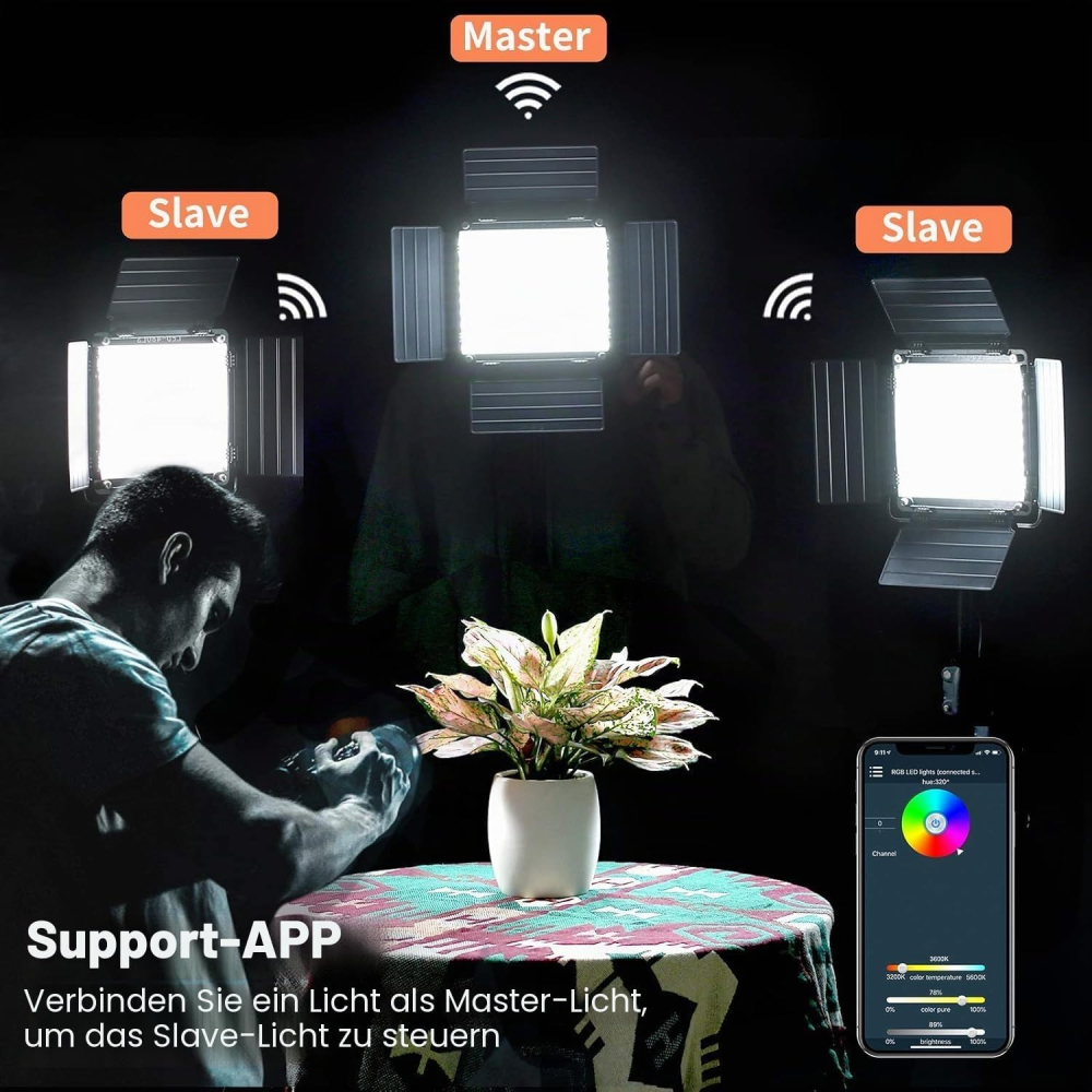 Kit profesional iluminare studio cu 2 panouri video RGB GVM 800D, 3200K-5600K, CRI 97+, control prin aplicatie, stative, difuzoare si geanta transport [7]
