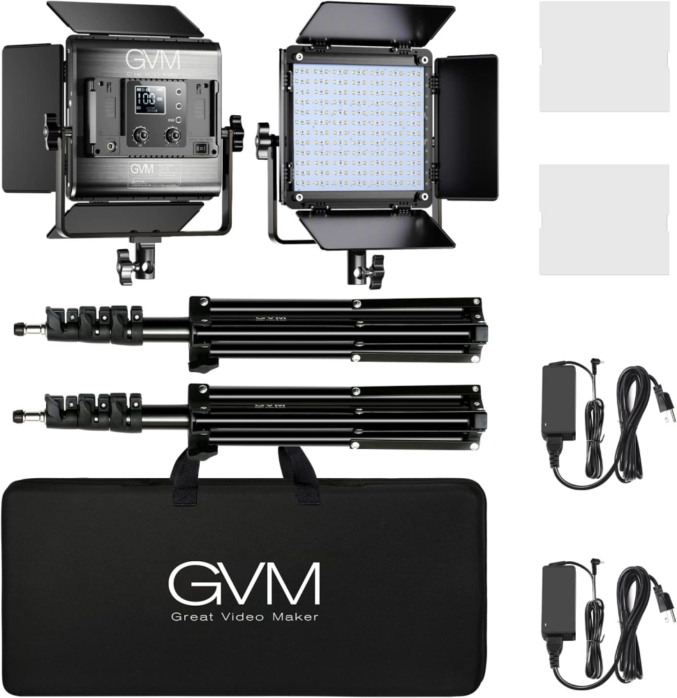 Kit profesional iluminare studio cu 2 panouri video RGB GVM 800D, 3200K-5600K, CRI 97+, control prin aplicatie, stative, difuzoare si geanta transport [3]