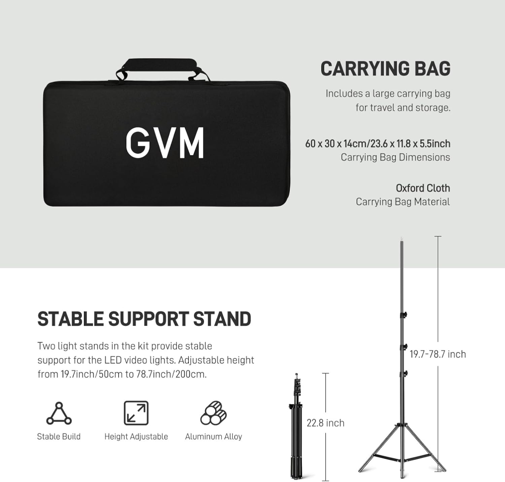 Kit profesional iluminare studio GVM 800D RGB cu 2 panouri LED, lentile optice, 19500 Lux la 0,5 m, 20 efecte de scena, CRI 97+, stative reglabile si geanta transport [2]