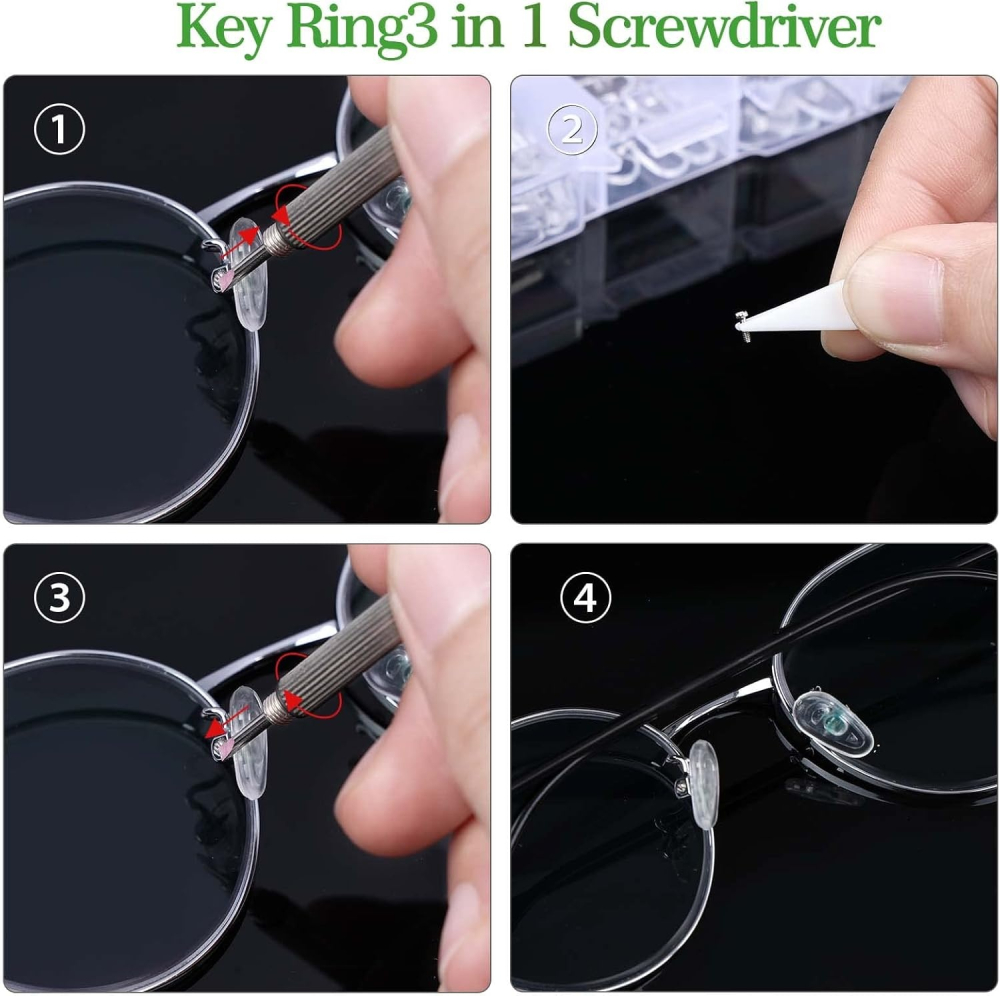 Kit reparare ochelari 126 piese, tampoane nazale, suruburi universale, surubelnita 3 in 1, penseta, laveta pentru lentile, cutie organizatoare [15]