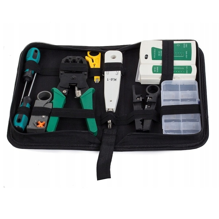 Kit retelistica pentru testare si mufare cabluri, tester, cleste de sertizare, surubelnite si geanta de transport, 27x15x5 cm, negru-verde [12]