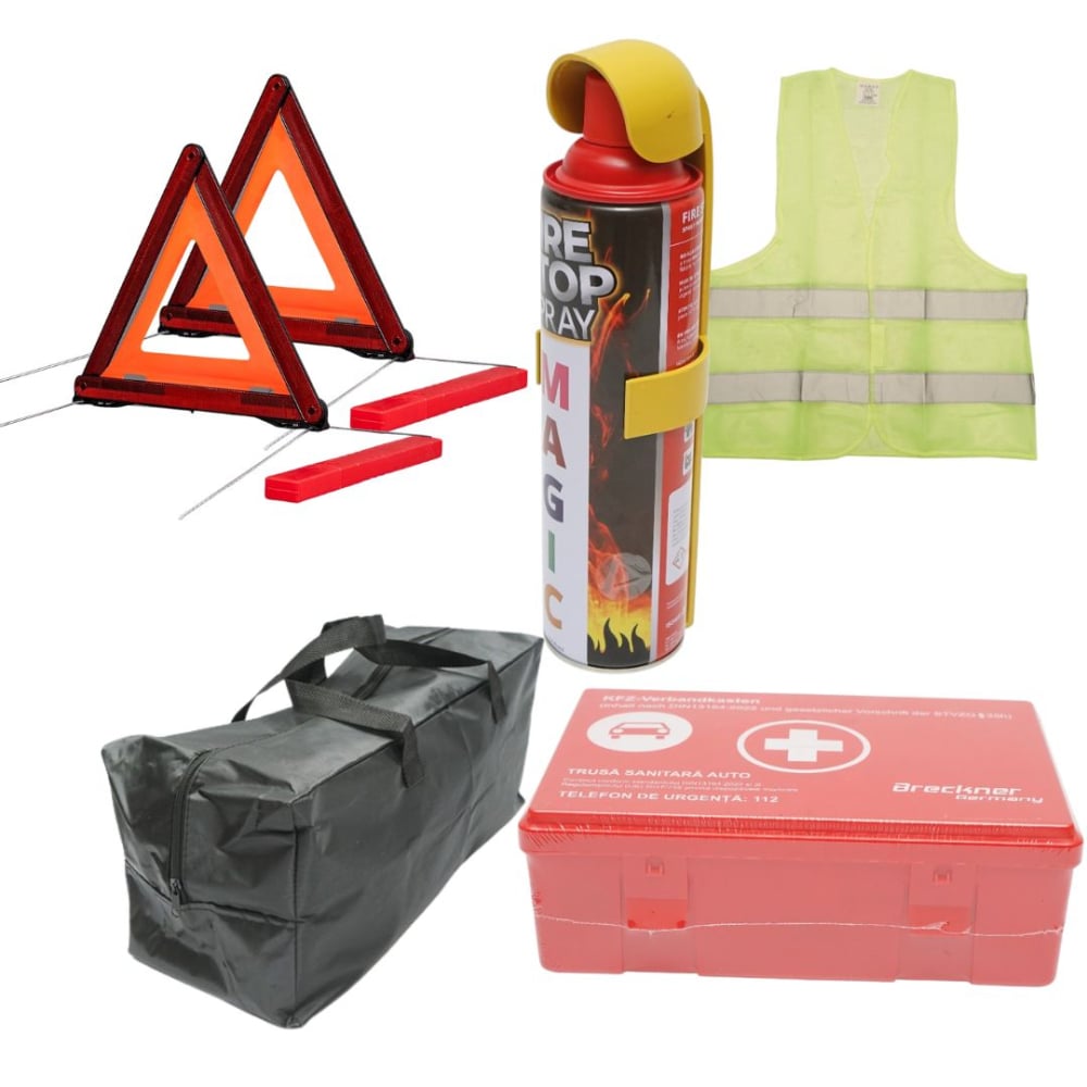 Kit siguranta auto complet – geanta depozitare, extinctor spray 1000 ml, 2 triunghiuri reflectorizante, vesta reflectorizanta galbena si trusa sanitara auto, set obligatoriu pentru autoturisme [1]