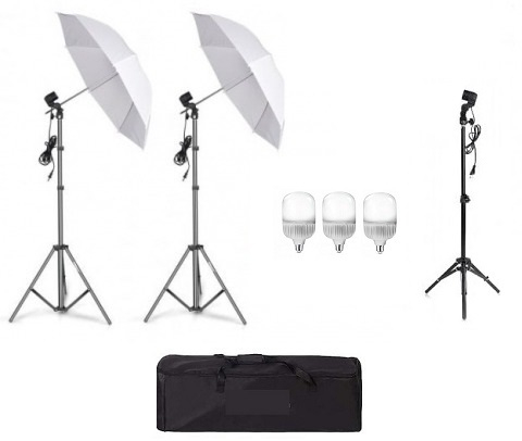 Kit de 2 umbrele albe, 2 trepiezi reglabili 200 cm, 1 trepied 160 cm, 3 becuri LED 25W, geanta de transport inclusa