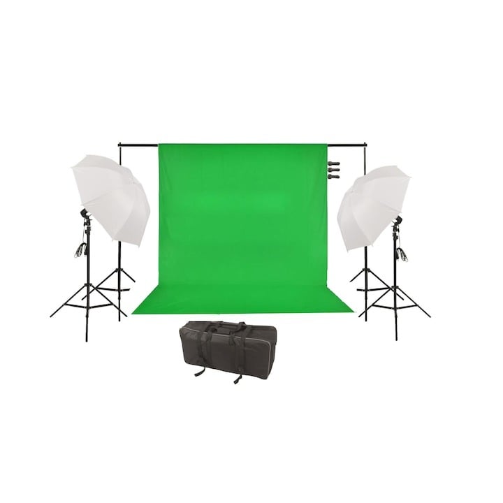 Kit studio foto,lumini,2 umbrele,suport fundal 2,6x3m,2x bec 135W,panza verde + geanta transport