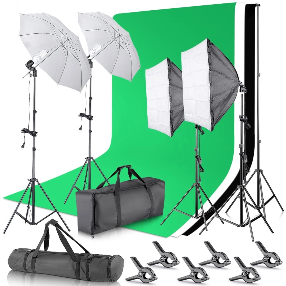 Kit studio foto,2 lumini softbox,2 umbrele,suport fundal 2x3 m,4x bec 45W, 3 panze fundal multicolore + geanta transport