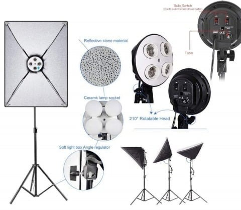 Kit studio foto-video special pentru fotografii de inalta calitate, 3 lumini softox, 12 becuri foto 150W, suport fundal reglabil 2x3m, macara si panza fundal 2x3m [2]