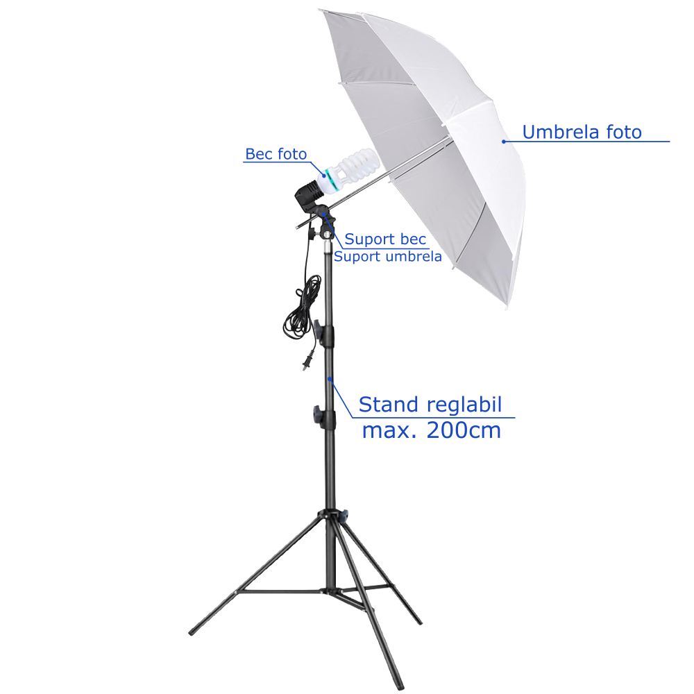 Kit studio iluminare foto video cu trepied 200 cm, umbrela 87 cm, bec E27 150W 5500K si geanta transport, echipament profesional pentru streaming [5]
