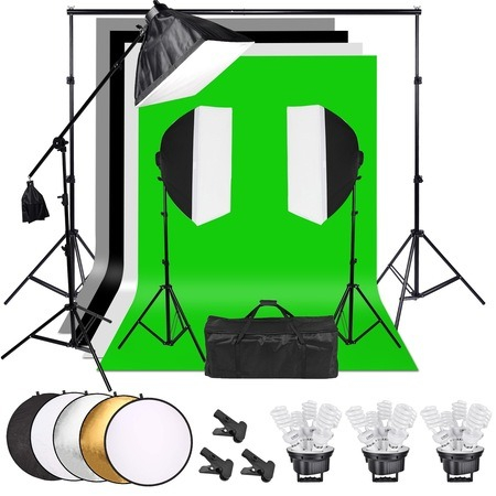 Kit foto studio,3 softbox,trepiezi 200 cm,4 panze de fundal,15x bec foto 45W,macara si geanta transport