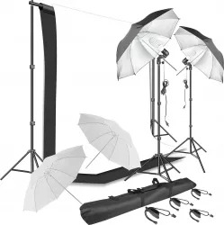 Kit complet foto studio,lumini,4 umbrele,trepiezi 200 cm,suport fundal 2x3m,2 panze fundal alb,negru, 2x bec 135W