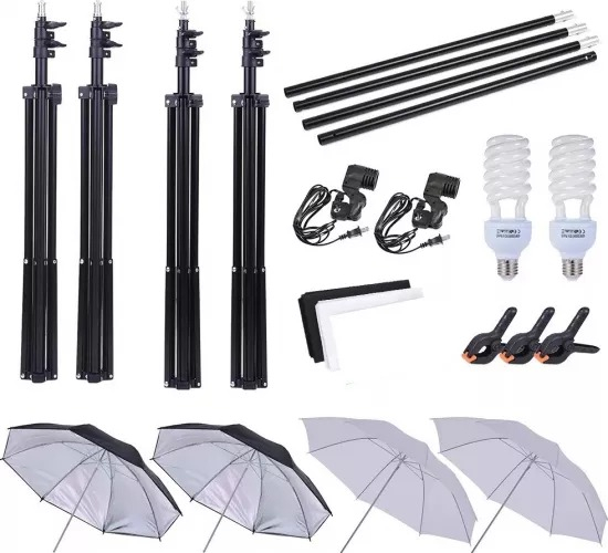 Kit complet foto studio,lumini,4 umbrele,trepiezi 200 cm,suport fundal 2x3m,2 panze fundal alb,negru, 2x bec 135W [2]