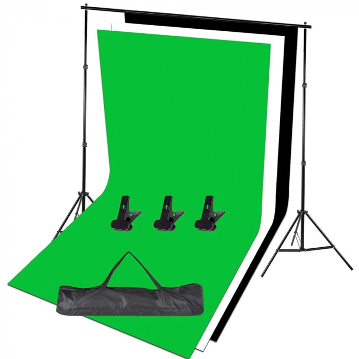 Suport foto studio reglabil 2x3m, clesti inclusi + 3 panze de fundal multicolore 2x3m [2]