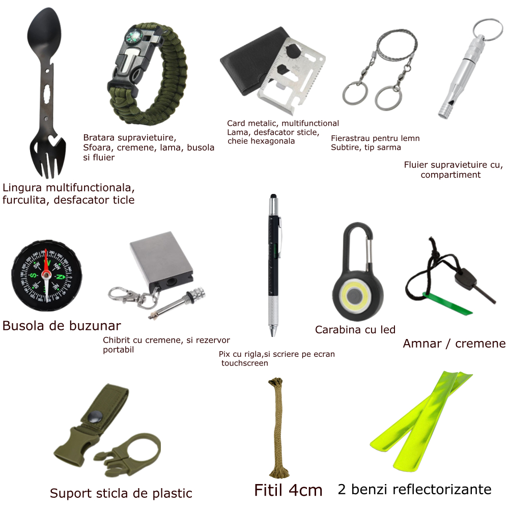 Kit supravietuire complet outdoor 14 accesorii multifunctionale cu 2 benzi reflectorizante cutie etansa ABS IP54 18x11x5 cm camping urgente [2]