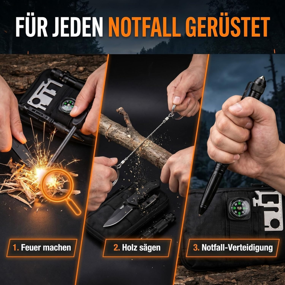 Kit supravietuire multifunctional 14 in 1 pentru camping si outdoor, cu lanterna, cutit pliabil, busola, bratara paracord si accesorii tactice [5]