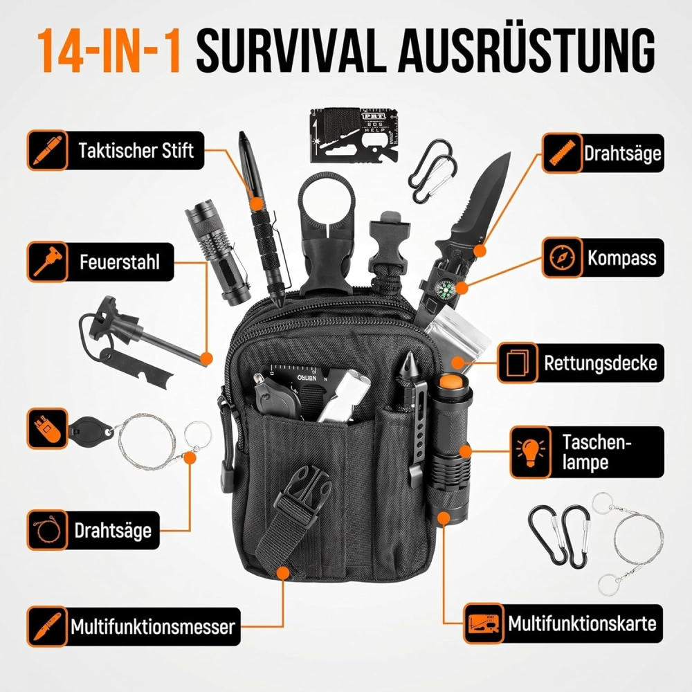 Kit supravietuire multifunctional 14 in 1 pentru camping si outdoor, cu lanterna, cutit pliabil, busola, bratara paracord si accesorii tactice [3]