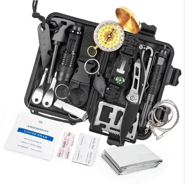 Kit supravietuire multifunctional 18 piese, camping si urgenta, busola, lanterna, cutit pliabil, paracord, patura termica, carcasa [6]