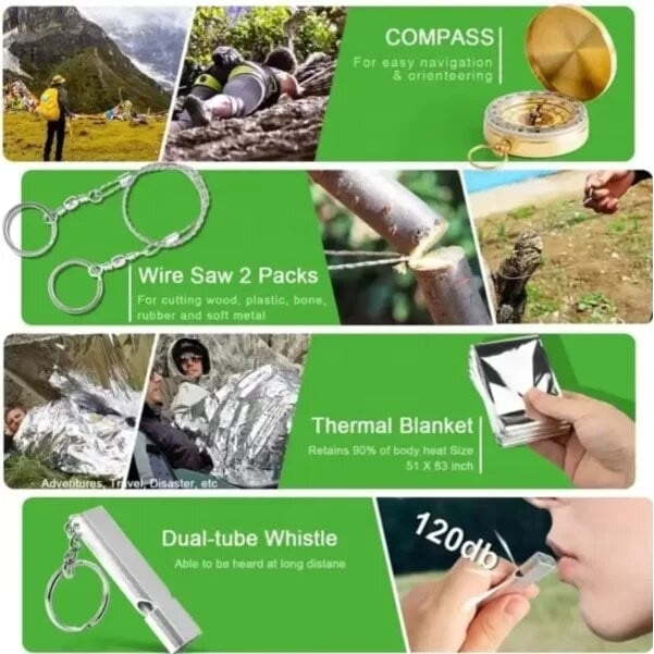 Kit supravietuire multifunctional 18 piese, camping si urgenta, busola, lanterna, cutit pliabil, paracord, patura termica, carcasa [9]