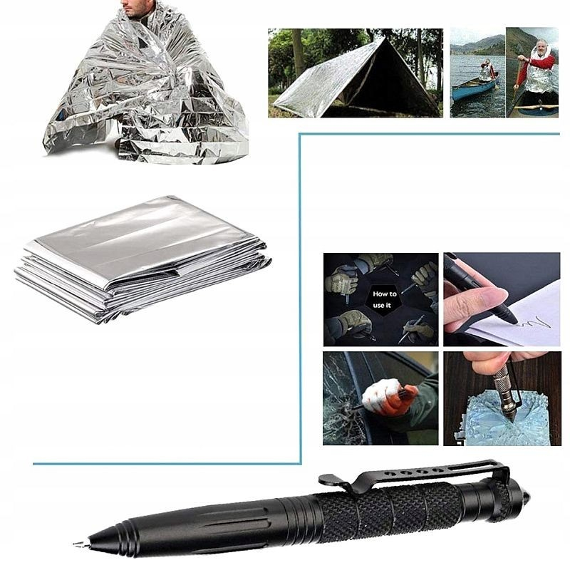 Kit supravietuire multifunctional camping si urgente, trusa compacta cu busola, lanterna, amnar, card unealta, paracord si accesorii outdoor [17]