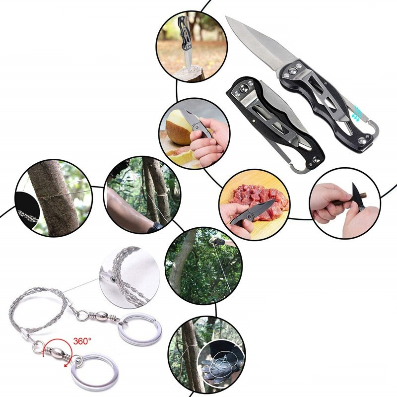 Kit supravietuire multifunctional camping si urgente, trusa compacta cu busola, lanterna, amnar, card unealta, paracord si accesorii outdoor [8]
