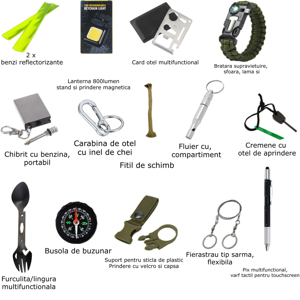 Kit supravietuire multifunctional outdoor Marime M 14 accesorii cutie etansa ABS IP54 18x11x5 cm negru camping urgente [2]