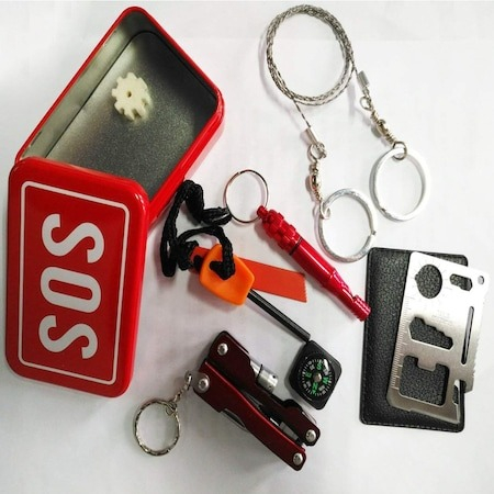 Kit supravietuire SOS 7in1, toate accesoriile necesare intr o cutie metalica - Rosu [3]