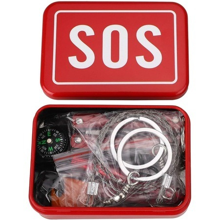 Kit supravietuire SOS 7in1, toate accesoriile necesare intr o cutie metalica - Rosu [2]